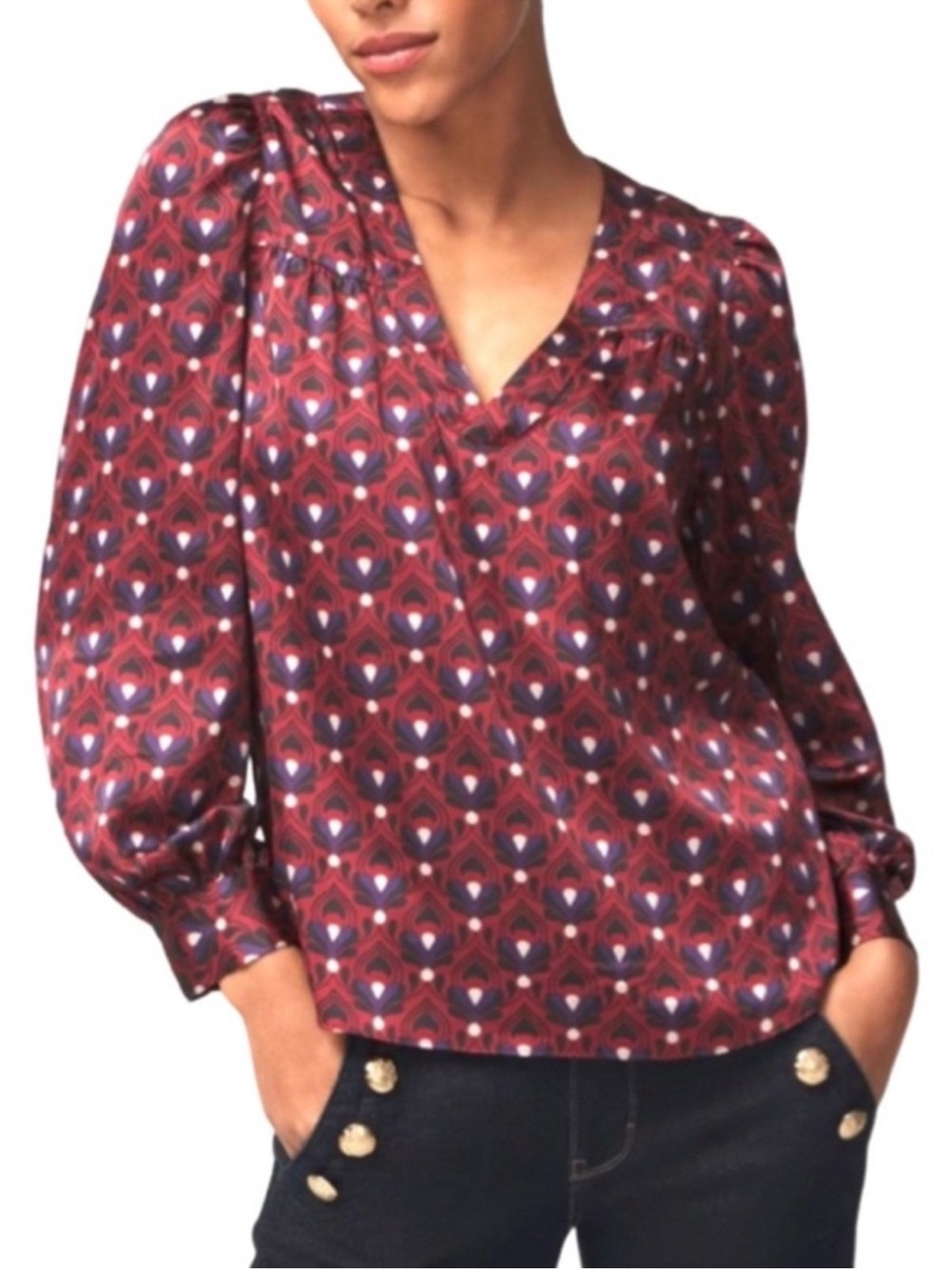 WHBM Long Sleeve Satin Blouse V-neck Printed Garnet Red Size S.